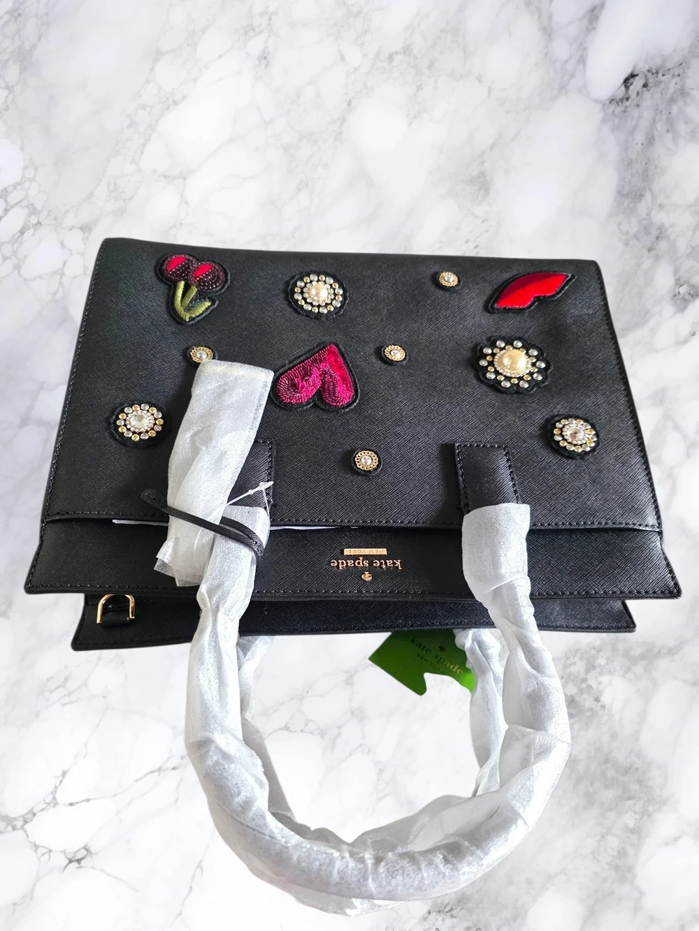 Kate Spade x Rodan & Fields NWT Black Saffiano Satchel Novelty Heart Cherry Rare